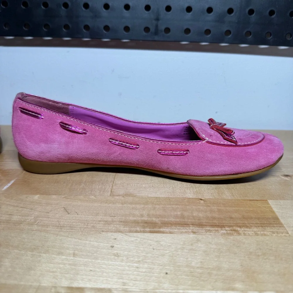 Coach Pink Suede Flats Metallic Bow Loafers Barbiecore A00262 Womens Size 7.5B